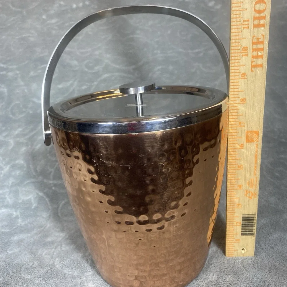 Hammered Copper Color &‎ Stainless Steel Ice Bucket Champaign Cooler Barware Lid